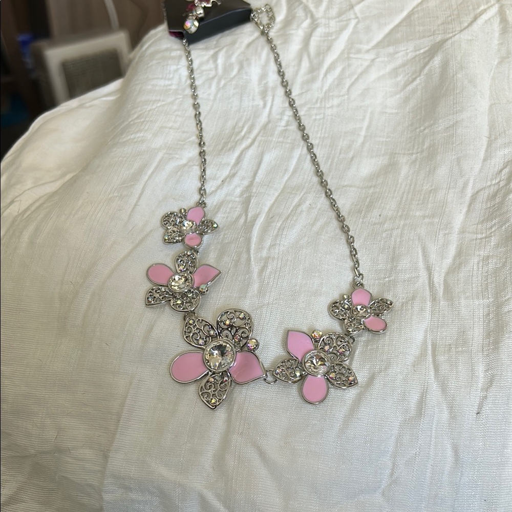 Pink and Silver Floral Necklace with Dainty Chain